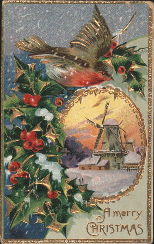 Christmas Robin Bird Flying Over Snowy Windmill Landscape with Holly