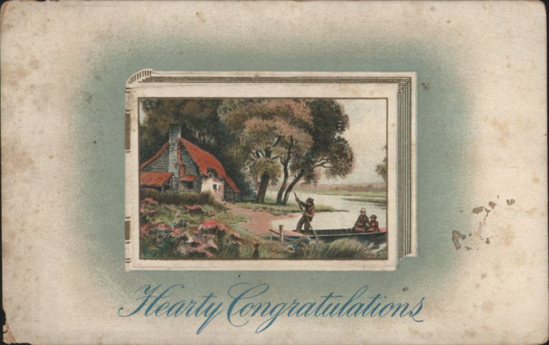 Hearty Congratulations with Pastoral River Scene, Cottage & Boat
