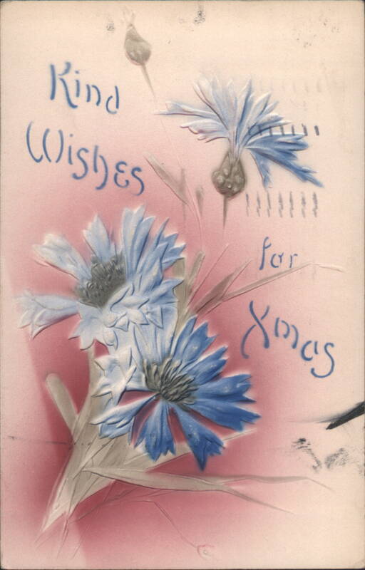 Kind Wishes for Xmas Embossed Blue Cornflowers, Salt Lake City 1912