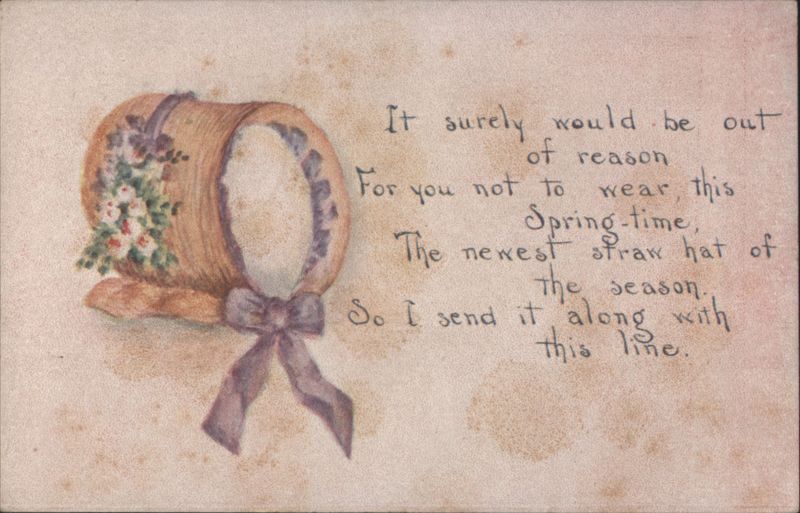 Spring Straw Bonnet with Flowers & Ribbon, Poetic Greeting