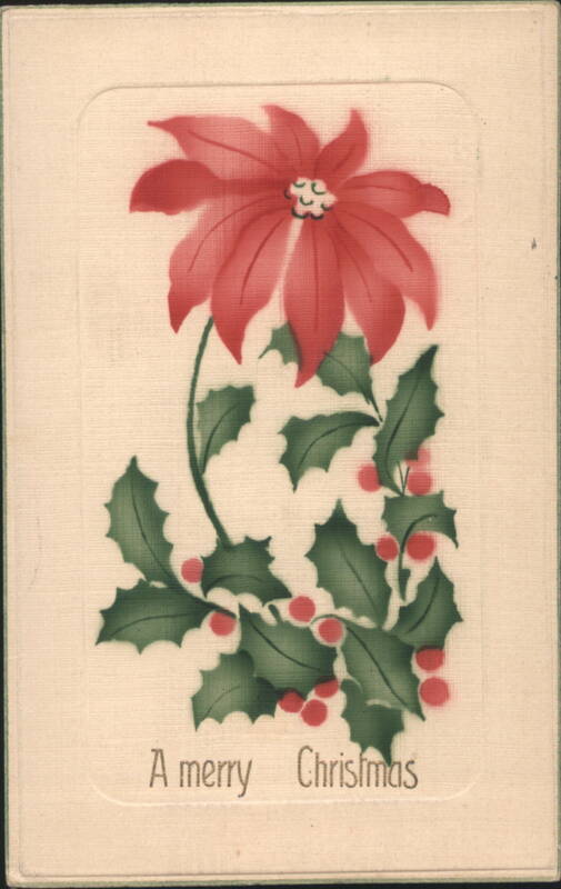 Merry Christmas Poinsettia & Holly with Berries Embossed Greeting