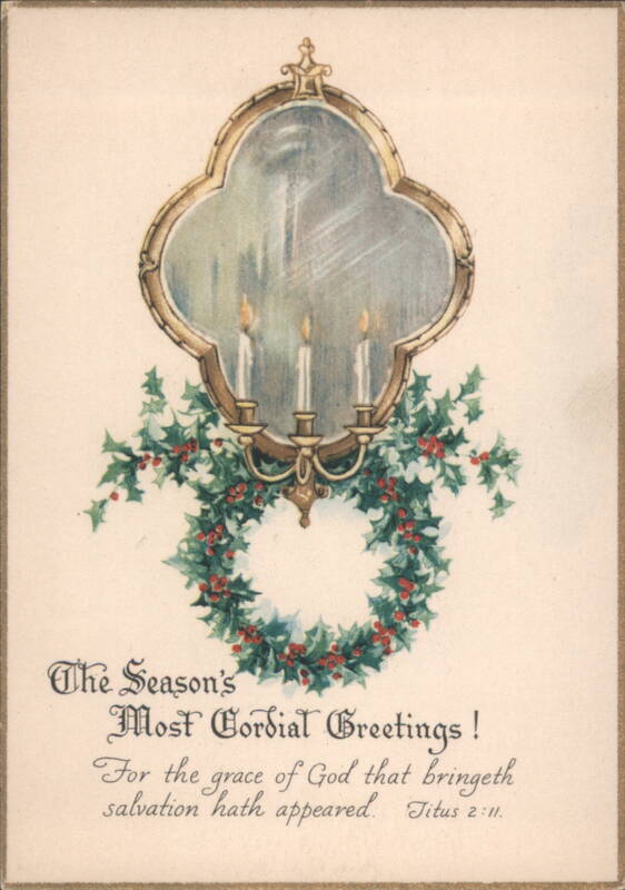 Christmas Greetings Mirror, Candles, Holly Wreath, Titus 2:11 Verse