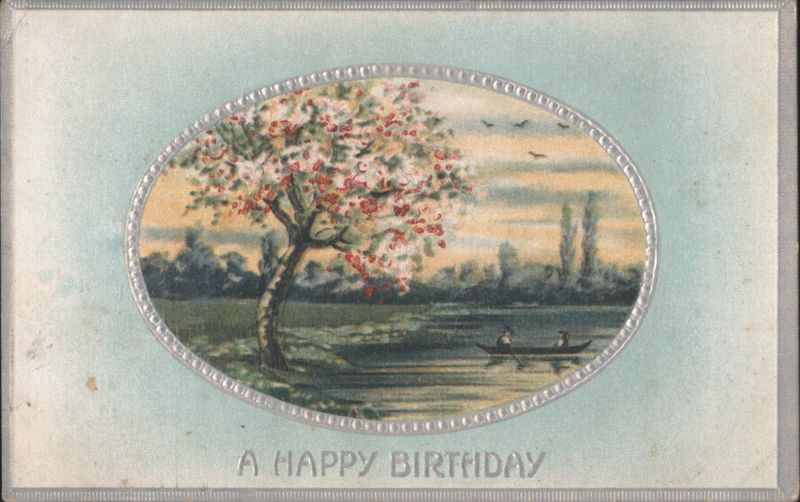 A Happy Birthday: Blossoming Tree and Rowboat River Scene