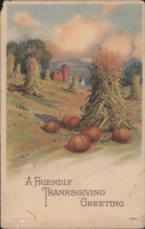 Thanksgiving Harvest Scene with Corn Shocks, Pumpkins, and Red Barn