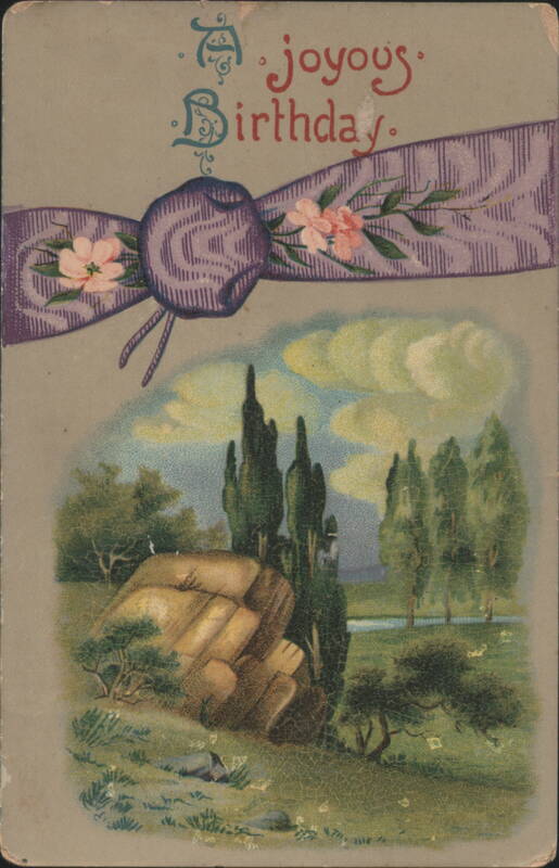A Joyous Birthday Greeting with Floral Ribbon and Landscape Scene
