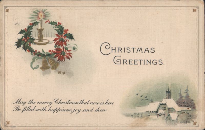 Christmas Greetings Wreath with Candle, Poinsettias, Bells & Snowy Village