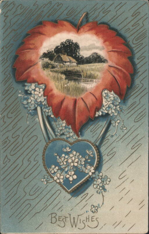 Best Wishes Red Leaf & Blue Heart with Landscape Scene