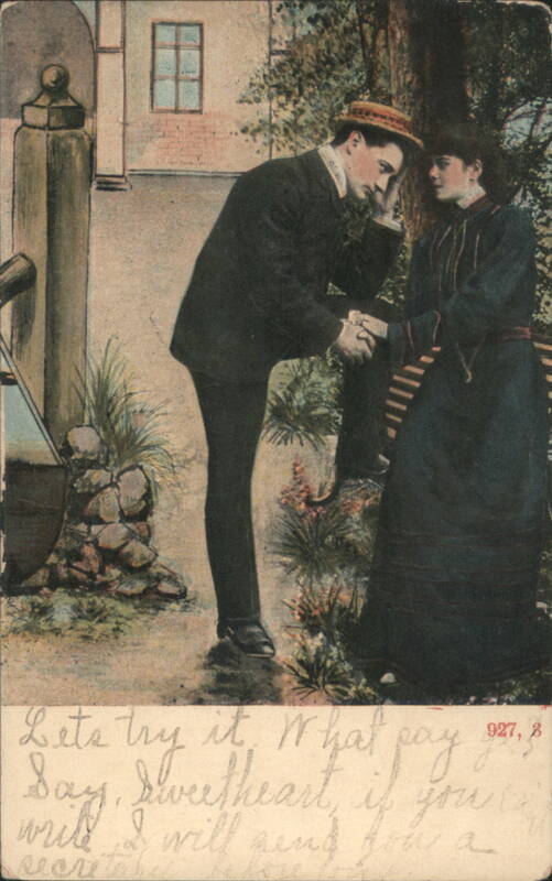 Romantic Couple in Garden, 'Lets try it. What pay Say, Sweetheart'