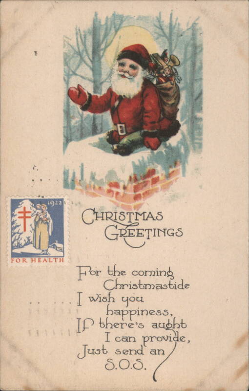 Santa Claus on Chimney Christmas Greetings with 1922 Christmas Seal