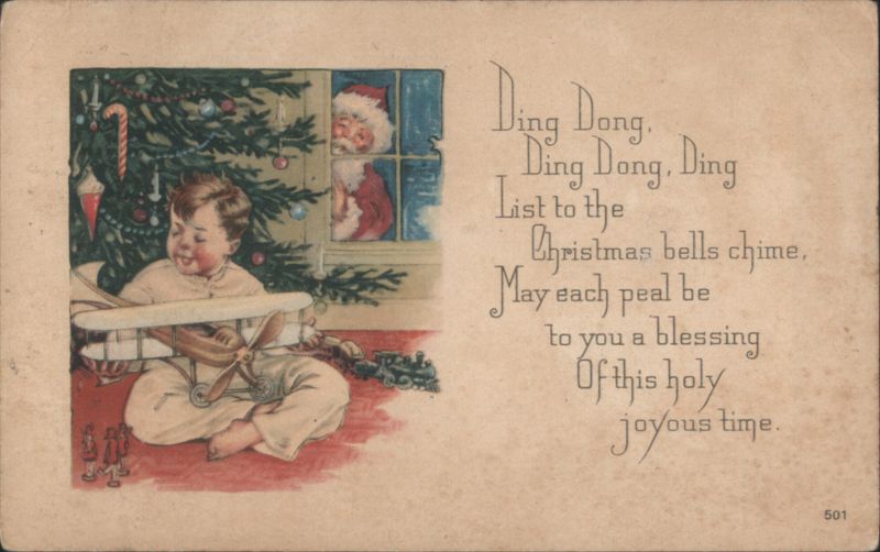 Boy with Toy Airplane & Christmas Tree, Santa Claus Peeking