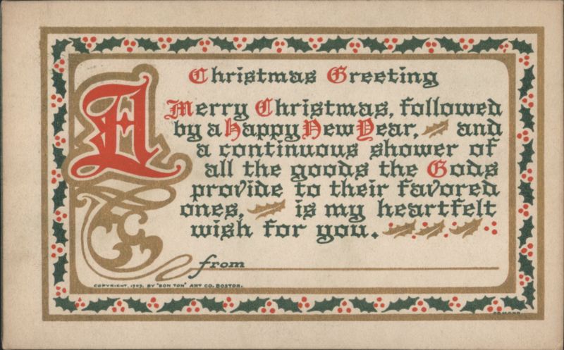 Ornate 'M' Initial Christmas & New Year Greeting Card, Holly Border