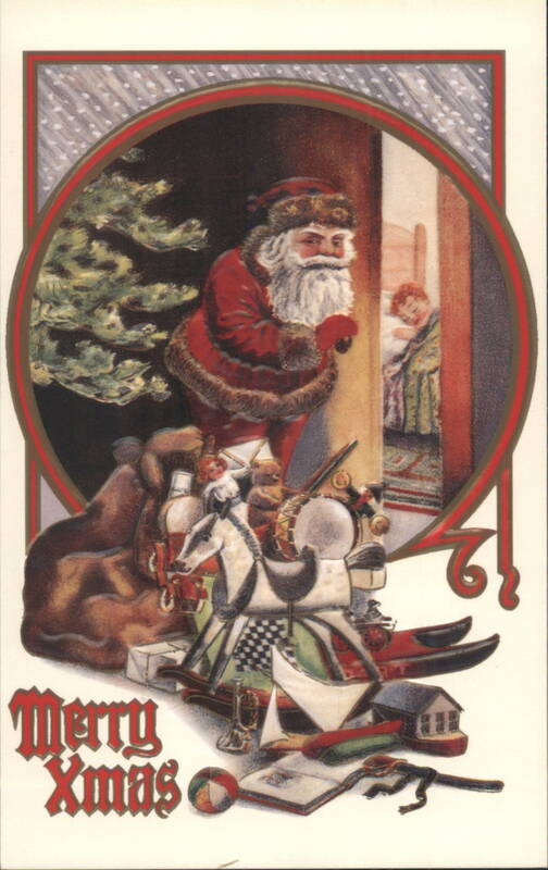 (Repro) Santa Claus Delivering Toys on Christmas Eve with Rocking Horse