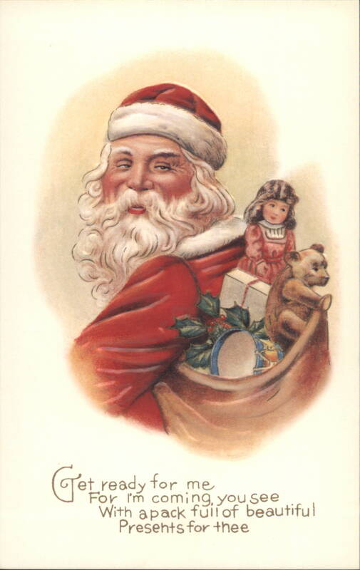 (Repro) Santa Claus with Girl, Teddy Bear & Bag of Presents