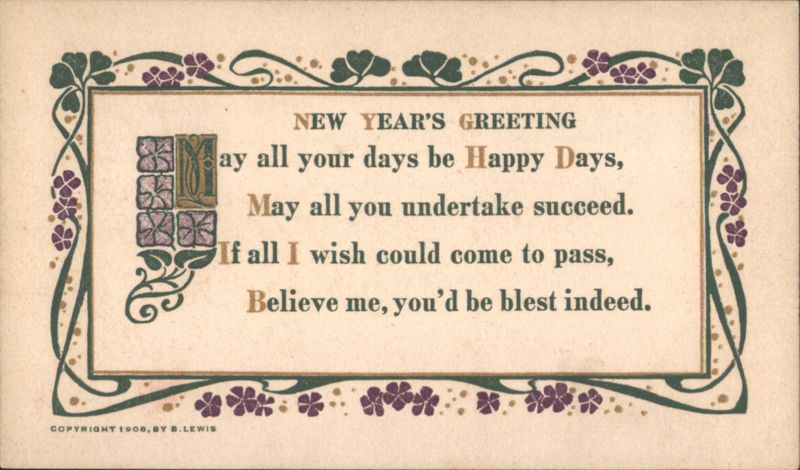 New Year's Greeting Art Nouveau Floral Border Poem 1908