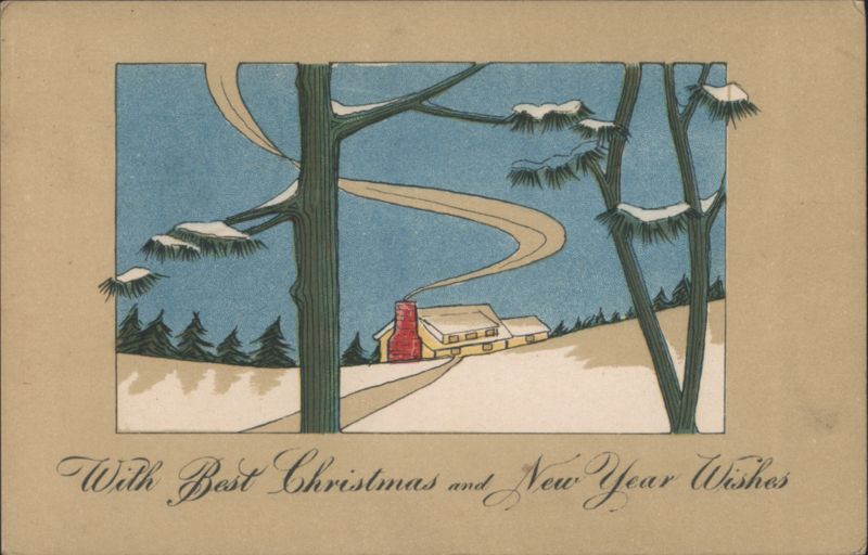 Winter Cabin with Snow and Trees, Christmas and New Year Wishes