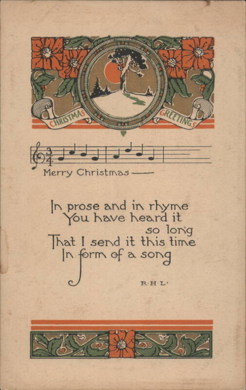 Christmas Greetings with Music & Poem, Winter Scene, Art Nouveau Style