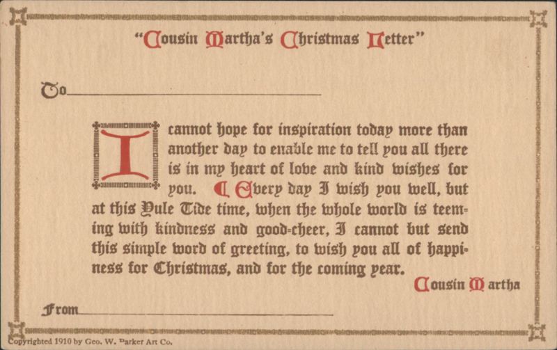 Cousin Martha's Christmas Letter, 1910 Christmas Greeting