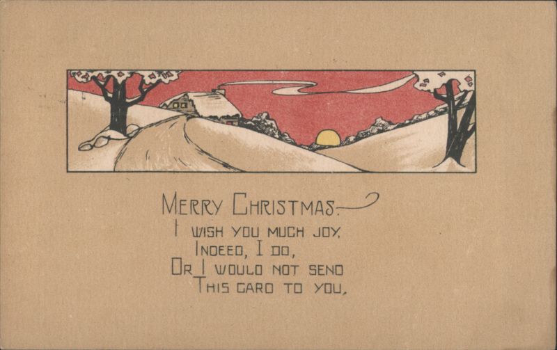 Merry Christmas Winter Landscape with House & Trees, Art Nouveau Style