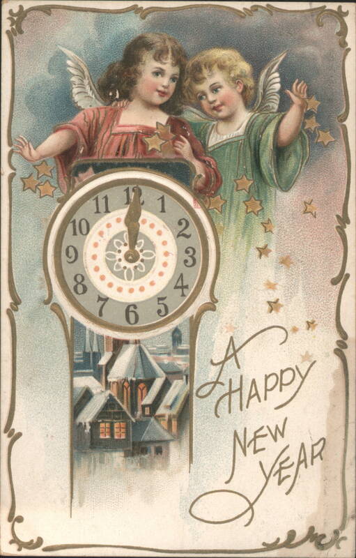 Angels, Grandfather Clock, Snowy Village - A Happy New Year