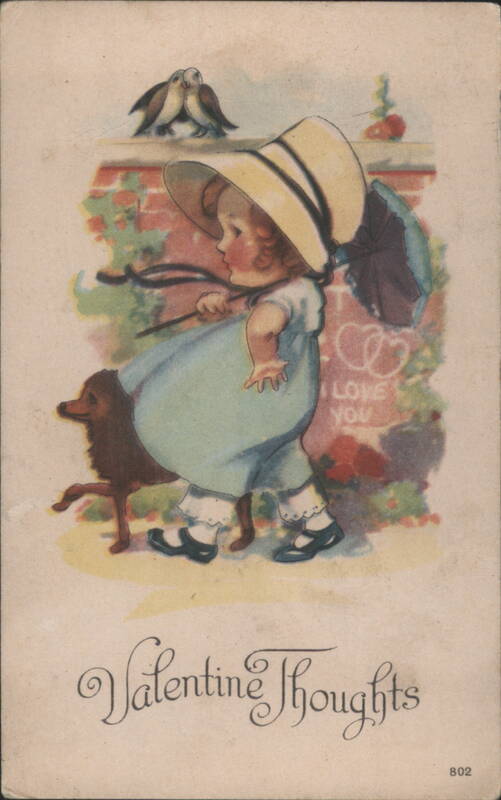 Child in Straw Hat with Dog & Umbrella, Valentine Thoughts, I Love You