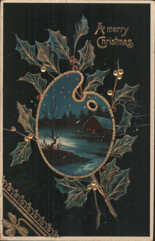A Merry Christmas Winter Scene Cabin Palette Holly Berries Gold Accents
