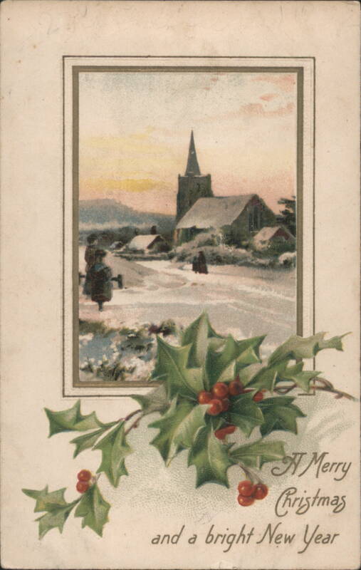 Winter Church Scene with Holly, Merry Christmas and Bright New Year Greeting