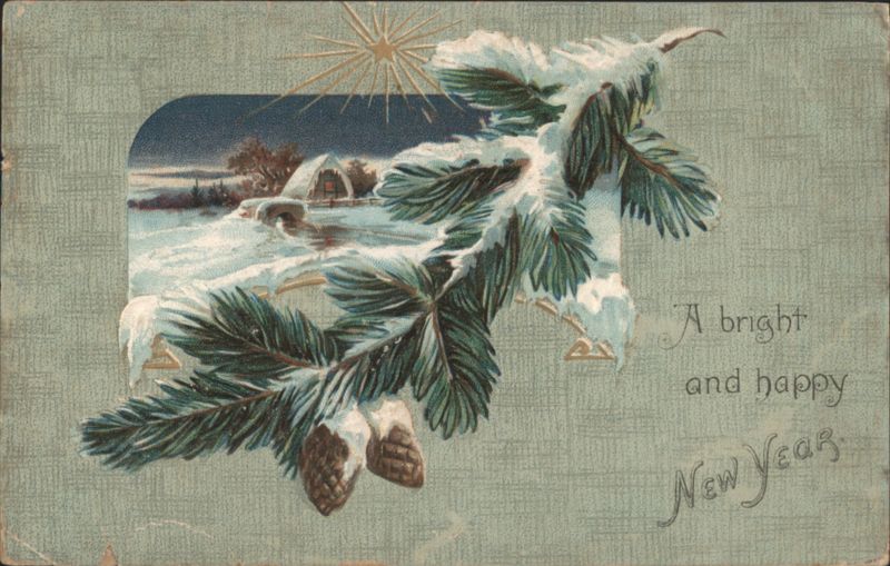 Snowy Pine Branches & Winter Cabin Scene, New Year's Greeting