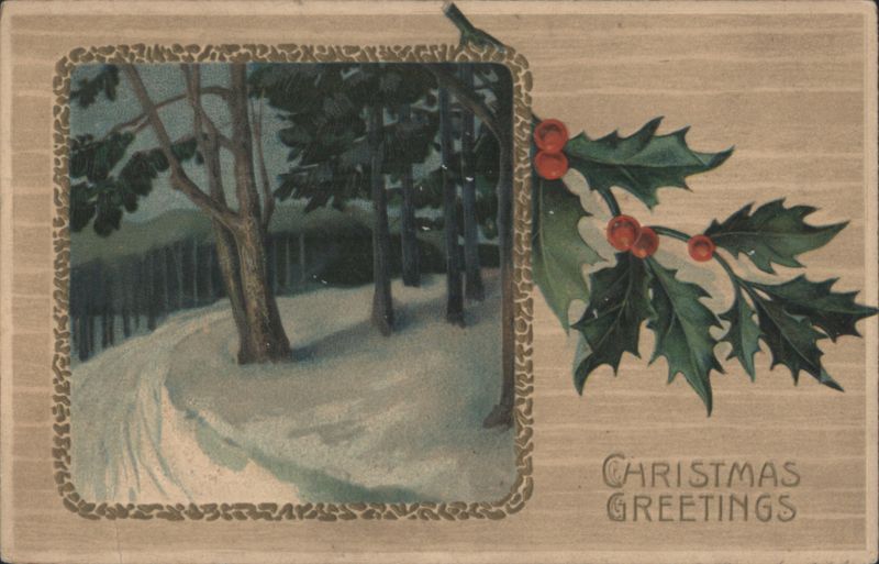 Christmas Greetings Winter Forest Scene with Holly and Berries
