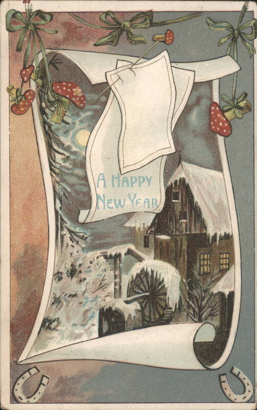 Happy New Year Greeting Card with Snowy Village, Water Mill & Lucky Charms