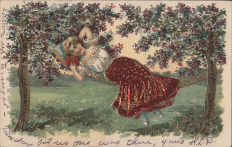 Woman Reading in Hammock under Trees, Red and Gold Dress