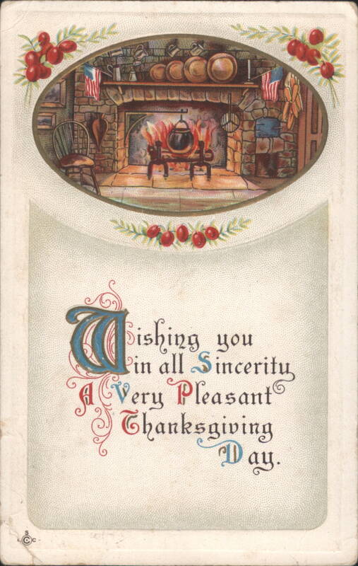 Thanksgiving Greeting with Fireplace and American Flags, 1917