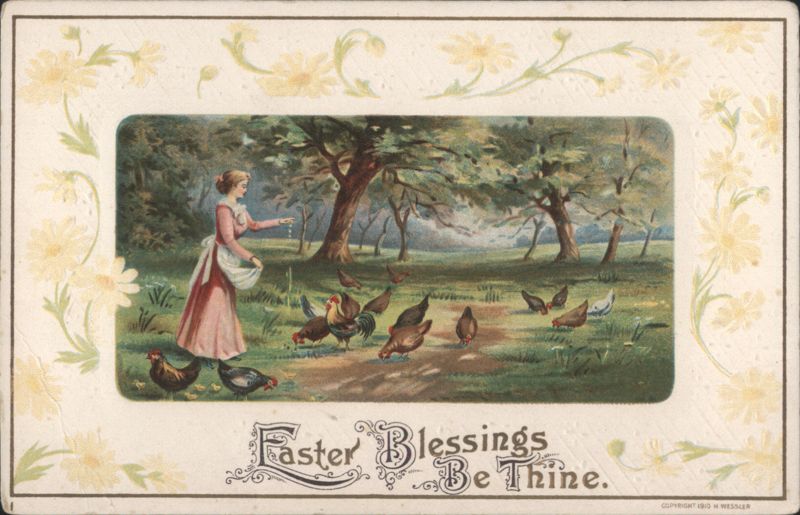 Easter Blessings, Woman Feeding Chickens, Spring Flowers