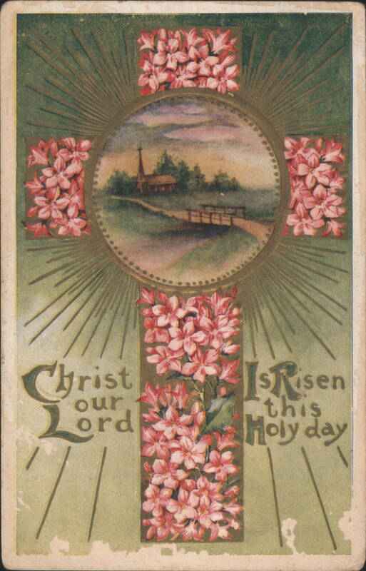 Christ Our Lord Is Risen This Holy Day Easter Cross with Church Landscape