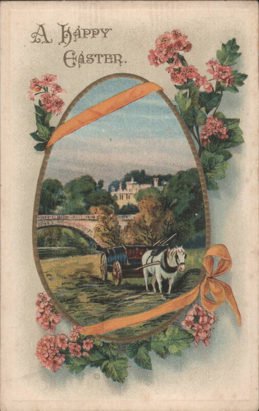 A Happy Easter Greeting, Landscape in Egg Vignette with Horse and Cart