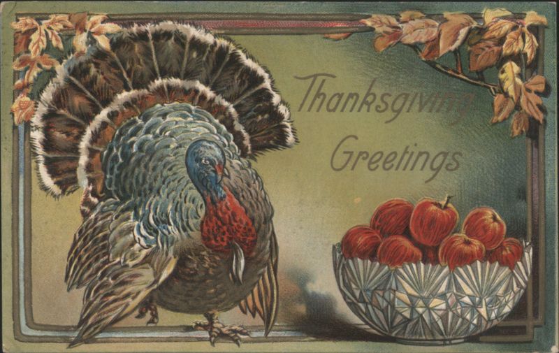 Thanksgiving Greetings with Colorful Turkey and Bowl of Apples
