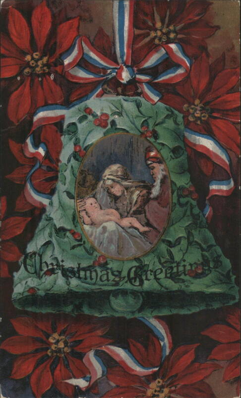 Christmas Greetings Bell, Madonna & Child, Poinsettias, Red White Blue Ribbons