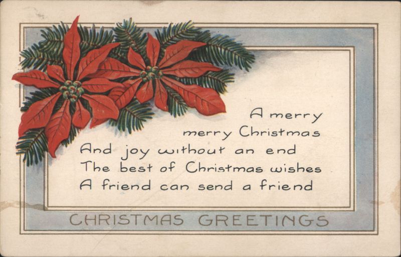 Christmas Greetings with Poinsettias & Pine Boughs, Beverly MA 1923