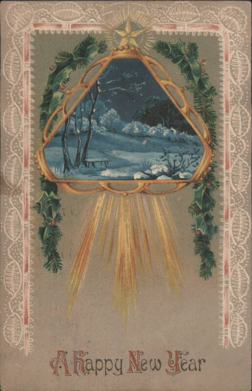 A Happy New Year Winter Scene with Holly Frame and Golden Star