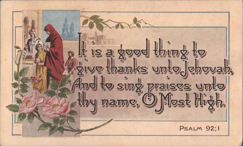 Religious Scene with Psalm 92:1 Quote & Pink Roses