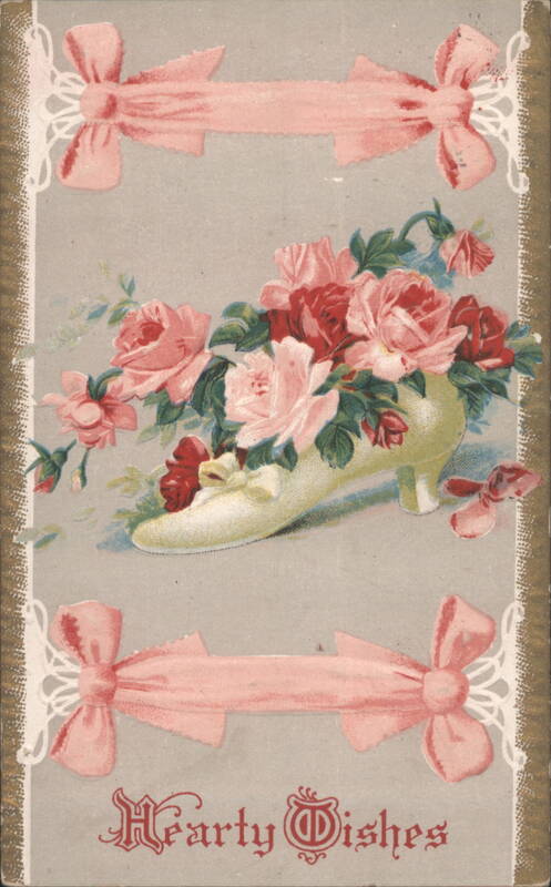 Hearty Wishes Greeting with Pink Ribbons, White Shoe, and Red & Pink Roses