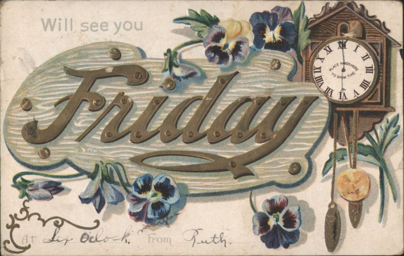 Friday Invitation with Cuckoo Clock and Pansies Phrases & Sayings