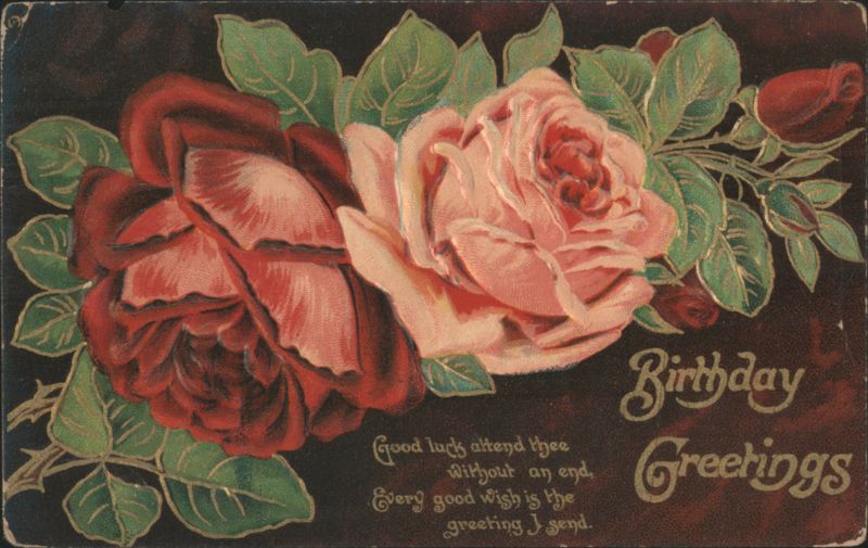 Birthday Greetings with Red and Pink Roses Floral Illustration