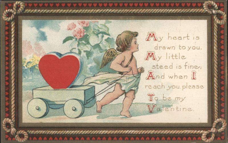 Cherub Pulling Heart Cart with Valentine's Poem 'My Heart is Drawn to You'