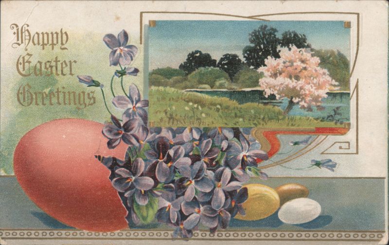Happy Easter Greetings with Red Egg, Violets, and Spring Landscape