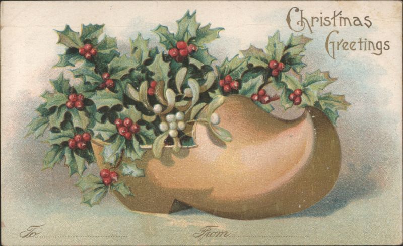 Christmas Greetings Wooden Shoe with Holly & Mistletoe