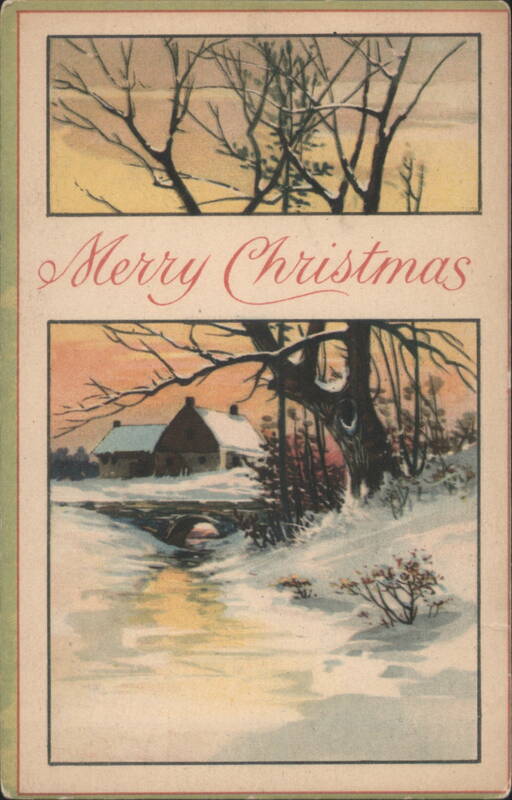 Merry Christmas Winter Scene with Snow, Bare Trees, Houses, and Stream