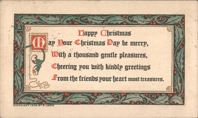 Happy Christmas Poetic Verse with Holly Border by B. Lewis 1908