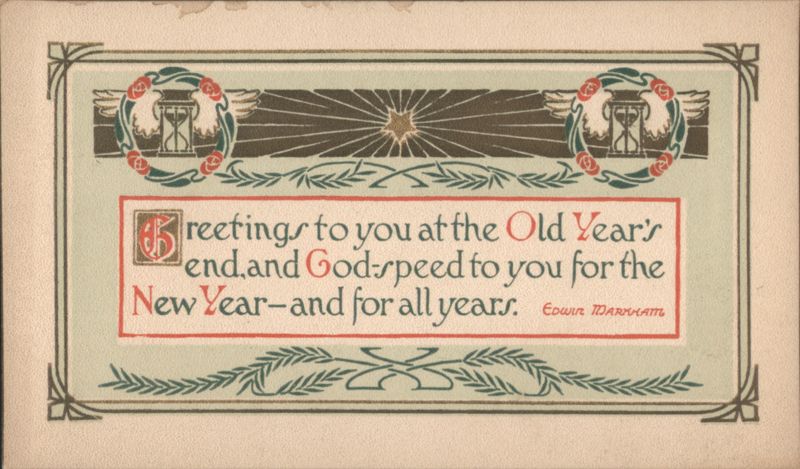 New Year's Greeting with Edwin Markham Poem & Art Nouveau Winged Hourglasses