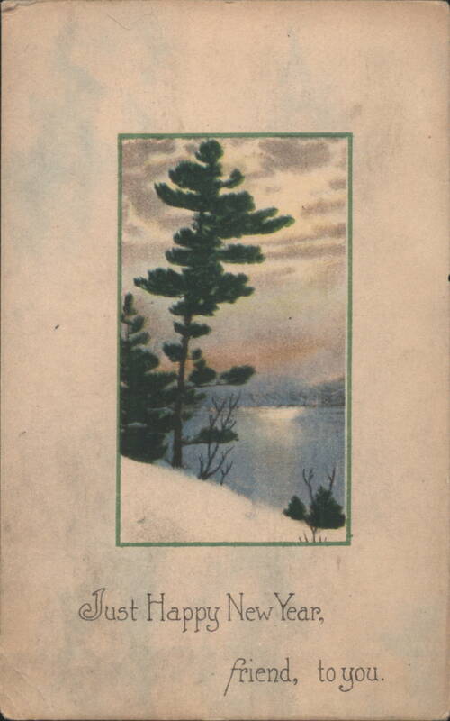 Happy New Year Winter Landscape with Evergreen Trees by Snowy Lake
