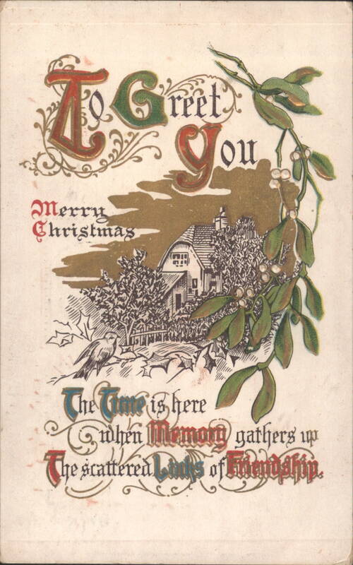 Merry Christmas Greeting with Mistletoe, Winter House, and Bird